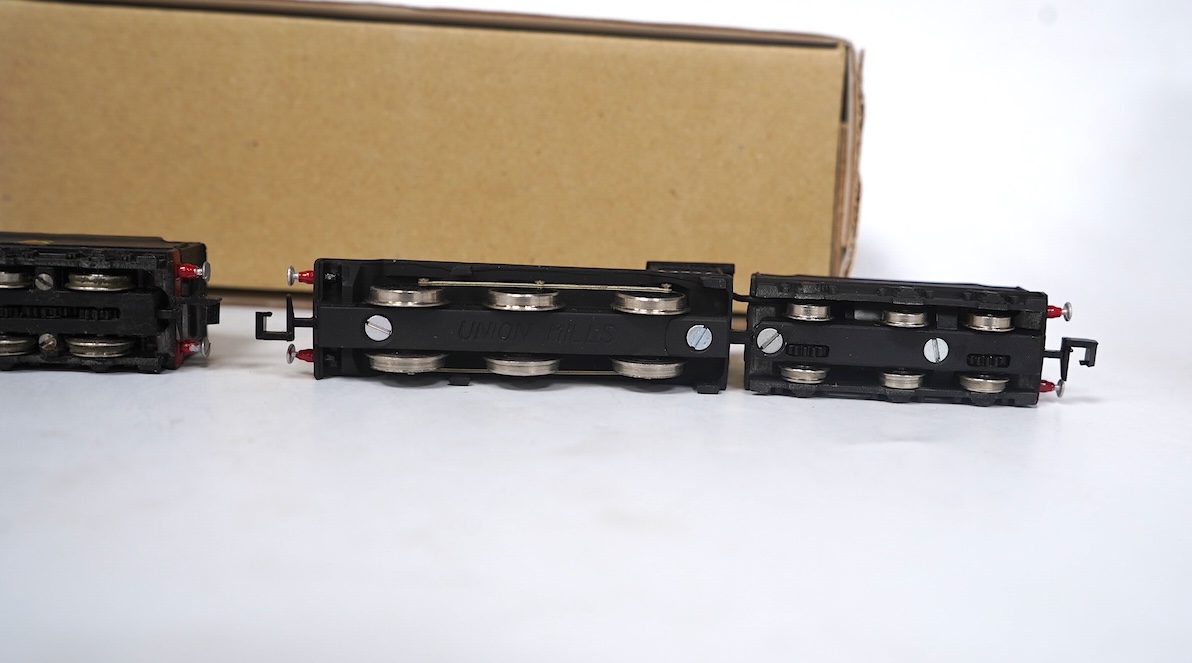 Three boxed Union Mills Models N gauge railway BR locomotives; a Class B12/3, 61572, a Class J39, 64736, and a Class Q2, 63344. Condition - good.